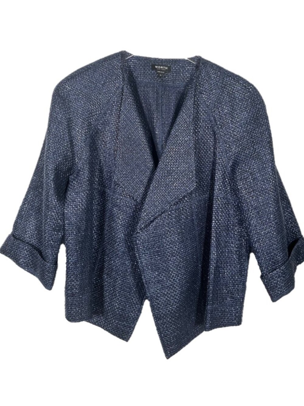 Worth New York Ink Navy Raffia Metallic Shine Open Shawl Jacket Blazer Sz Medium